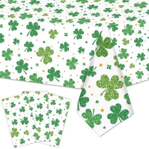3 Pieces 54x108 Inch St. Patrick’s Day Shamrock Plastic Tablecloth, Disposable Rectangle Table Covers with Green Shamrock Design for Irish Parties, St. Paddy’s Day, and Spring Table Decorations