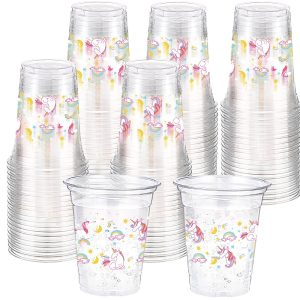 Funnymoom 60 Pack Unicorn Cups 12 oz Disposable Clear Plastic Unicornio Rainbow Drinking Cups for Unicorn Birthday Party Decorations Supplies