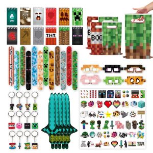 120 PCS Party Favors for Pixel Theme Birthday Party Supplies, Goodie Bag Stuffers Favors includes 50 Stickers, 12 Gift Bags,12 Wristbands,12 Keychains,10 Sword Foil Balloons,12 masks,12 Mini Notepads.
