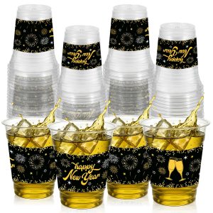 ABURRORI 50 Pcs 12OZ Happy New Year Plastic Cups，New Year's Eve Party Decorations Cups Clear Golden Black Printing Plastic Cup Juice Soda Beverage Party Favors For Holiday Decorations Supplies