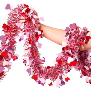 Valentines Garland Decor,50Ft Glitter Tinsel Heart Garland Decorations for Tree Mantle Bedroom Office Classroom Party Indoor Outdoor Holiday Home Pink Red White