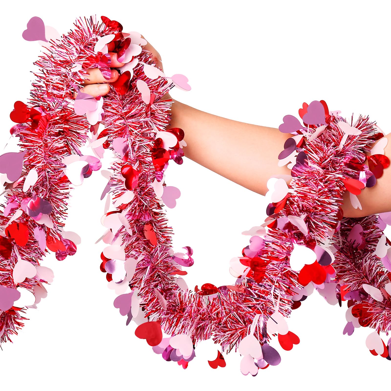 Valentines Garland Decor,50Ft Glitter Tinsel Heart Garland Decorations for Tree Mantle Bedroom Office Classroom Party Indoor Outdoor Holiday Home Pink Red White
