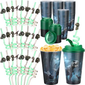 Yungyan 16 Set Dinosaur Party Favors Goodie Cups with Lids and Straws