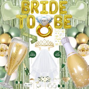 Sage Green Bachelorette Party Decorations, Bride To Be Decorations include Bride To Be Sash Veil Crown Tattoo Stickers Photo Props Fringe Curtain for Bachelorette Engagement Bridal Shower Decorations