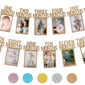PartyHooman 1st Birthday Photo Banner for Baby from Newborn to 12 Months, First Birthday Decorations Boy or Girl Monthly Milestones Garland | 1 Year Old Photo Banner Pre-strung with Frame (Kraft)