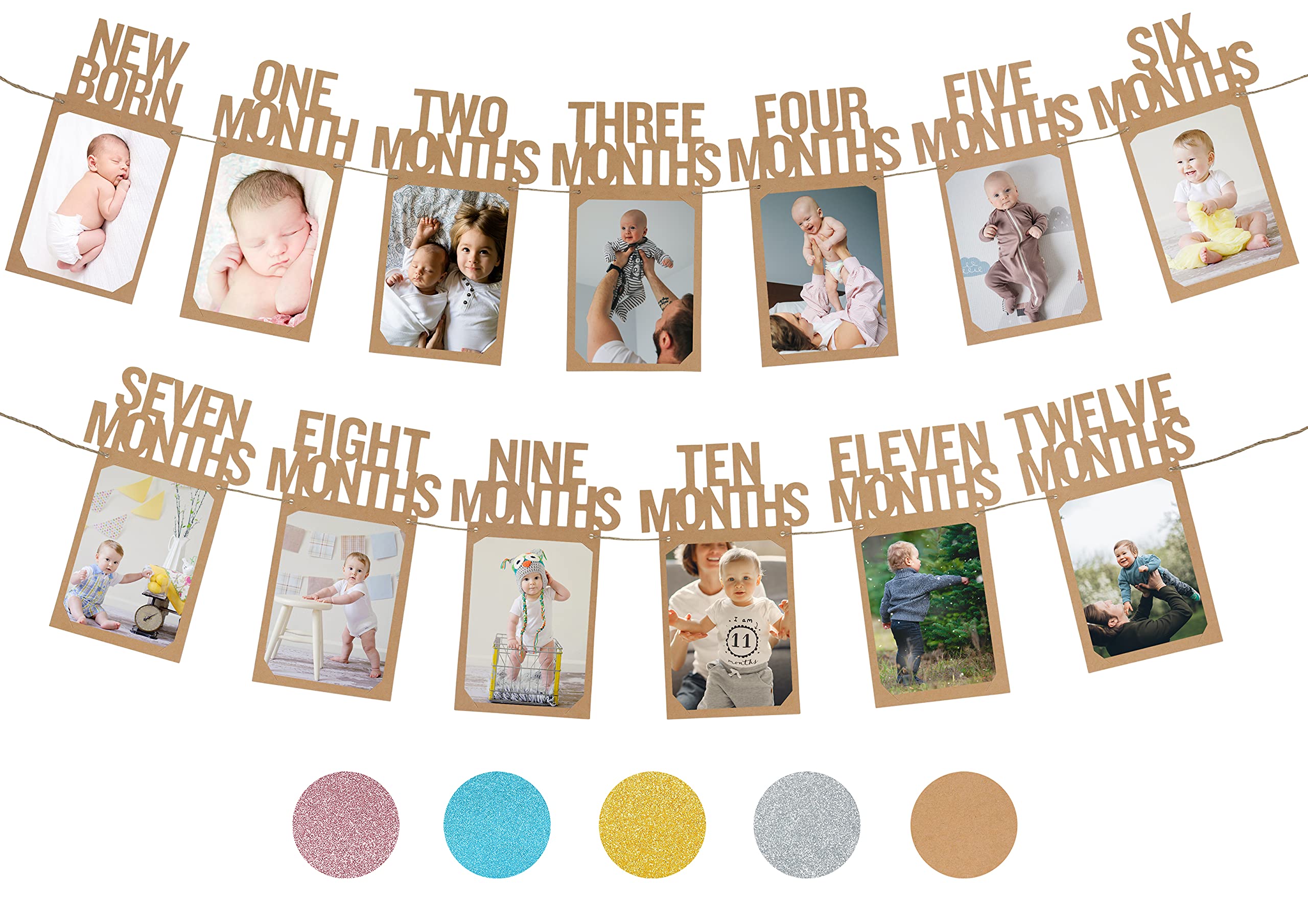 PartyHooman 1st Birthday Photo Banner for Baby from Newborn to 12 Months, First Birthday Decorations Boy or Girl Monthly Milestones Garland | 1 Year Old Photo Banner Pre-strung with Frame (Kraft)