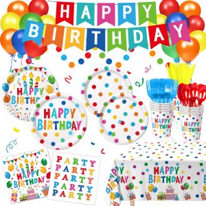 Happy Birthday Decorations - Colorful Dots Birthday Party Supplies Includes Plates, Napkins, Cups, Cutlery, Banner, Hanging Swirl, Tablecloth, Balloons for Birthday Decorations, Serves 24