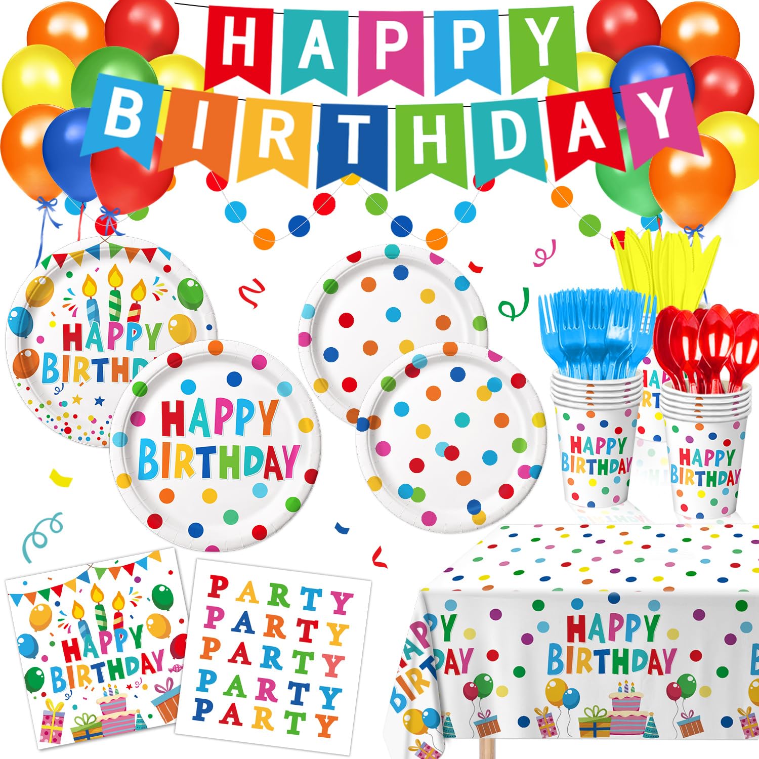 Happy Birthday Decorations - Colorful Dots Birthday Party Supplies Includes Plates, Napkins, Cups, Cutlery, Banner, Hanging Swirl, Tablecloth, Balloons for Birthday Decorations, Serves 24