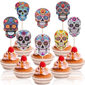 32 Pcs Day of the Dead Cupcake Toppers – Sugar Skull Cake Decorations with Colorful Floral Designs – Fiesta Cupcake Picks for Día de los Muertos Party, Halloween, or Mexican Theme Celebration