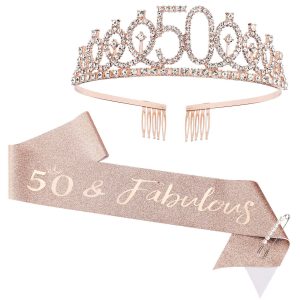 CIEHER 50th Birthday Crown & Sash Pearl Pin, 50th Birthday Decorations