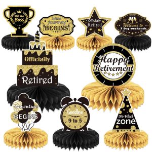 9PCS Retirement Party Decorations Gold Retirement Party Centerpiece Honeycomb Glitter Table Decorations Toppers for Happy Retirement Party Supplies Man and Women