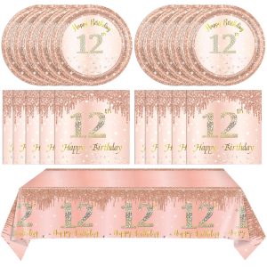 41Pcs 12th Birthday Decorations for Girls Rose Gold 12th Birthday Party Plates and Napkins,Tablecloth Happy 12 Years Birthday Party Tableware Set for 12 Year Old Girls Teenager Party Favor Supplies