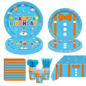 145PCS Cartoon Teacher Party Supplies English Teacher Themed Happy Birthday Party Decorations for Kids Chlid Includ Orange Blue Paper Plates Napkins Cups Tableware Set with Tablecloth Serve 24 Guests
