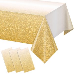 FunnyPars 3 Pack Ombre Gold Plastic Tablecloth for Parties, Gradient Yellow Gold Disposable Tablecloths for Rectangle Tables, Light Gold Table Cover for Wedding Birthday Anniversary Party, 54x108Inch