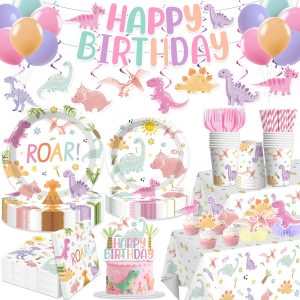 Xynic Pastel Pink Dinosaur Birthday Decorations for Girl Dino Party