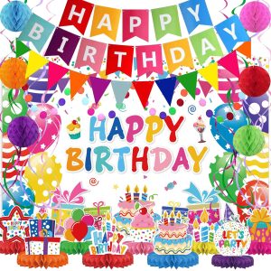 Birthday Decorations Kit, Happy Birthday Party Banner, Honeycomb Balls, Metallic Hanging Swirls, Circle Garland, Colorful Party Decorations, Backdrop Cloth, Centerpieces for Tables