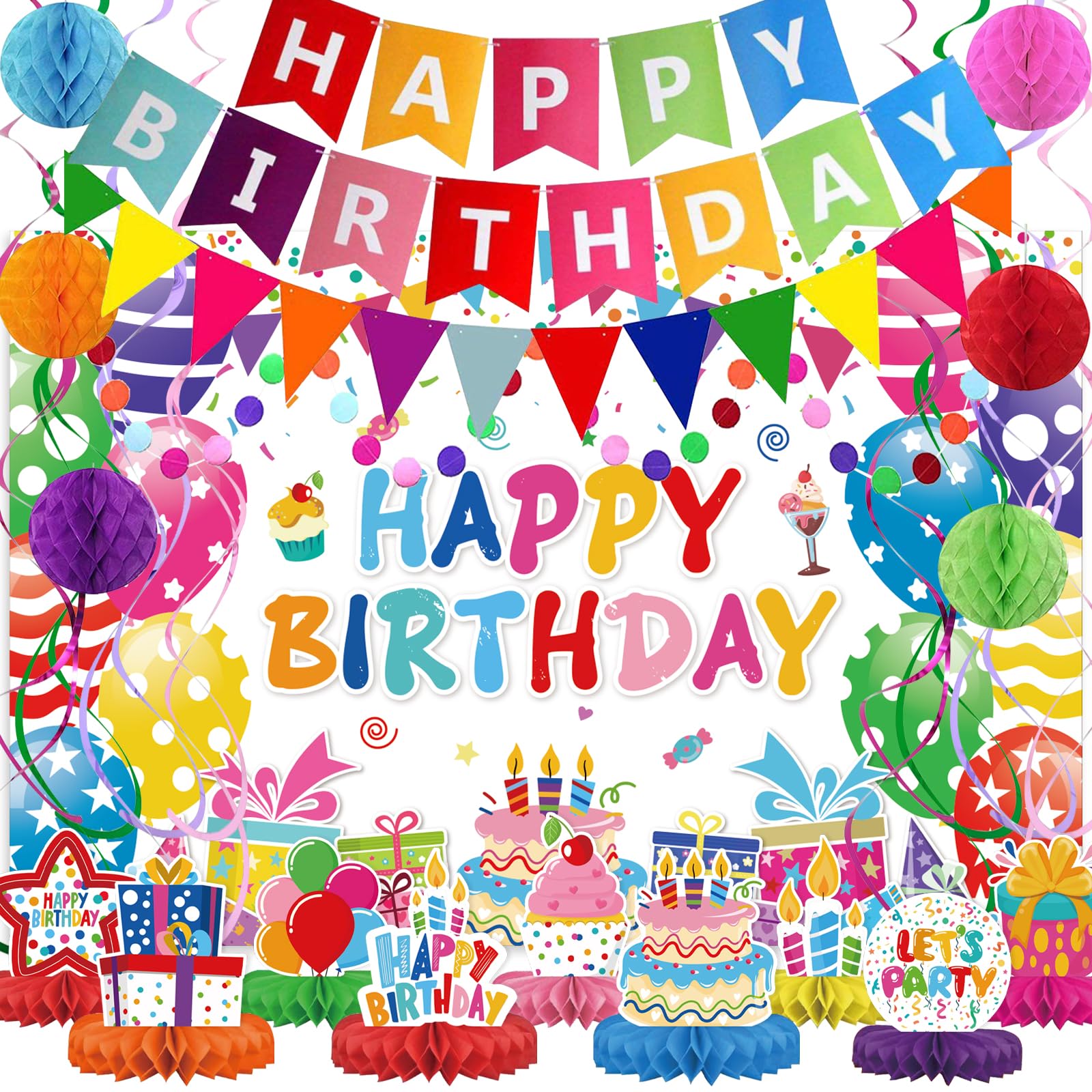 Birthday Decorations Kit, Happy Birthday Party Banner, Honeycomb Balls, Metallic Hanging Swirls, Circle Garland, Colorful Party Decorations, Backdrop Cloth, Centerpieces for Tables