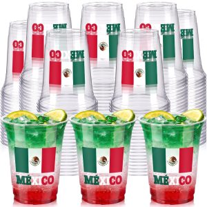 Honeydak 50 Pcs 12 oz Mexican Disposable Cups Bulk Mexico Flag Clear Plastic Cups Cinco De Mayo Party Decoration Fiesta Carnival Party Favors for Football Matches Family Decorations Supplies