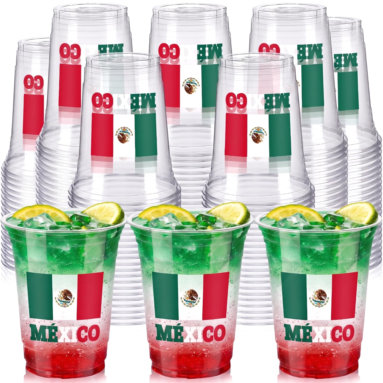 Honeydak 50 Pcs 12 oz Mexican Disposable Cups Bulk Mexico Flag Clear Plastic Cups Cinco De Mayo Party Decoration Fiesta Carnival Party Favors for Football Matches Family Decorations Supplies