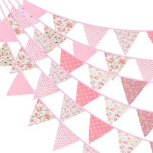 G2PLUS 39Ft Triangle Bunting Banner, 42Pcs Pink Floral Garland Pennant Banner, Reusable Cotton…
