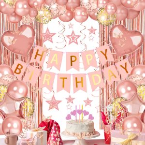 Rose Gold Happy Birthday Party Decorations with Banner Balloons for Women
