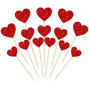 Gyufise 30Pcs Heart Cupcake Toppers Red Glitter Sweet Love Heart Cupcake Pick Decorations Valentine's Day Cake Decorations for Wedding Engagement Bridal Shower Birthday Party Cake Decorations Supplies