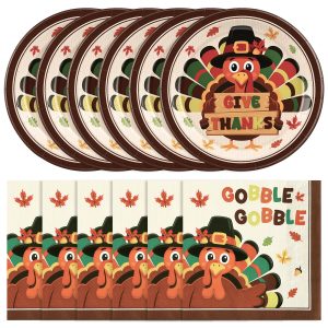 50Pcs Thanksgiving Party Plates and Napkins, Disposable Turkey Tableware