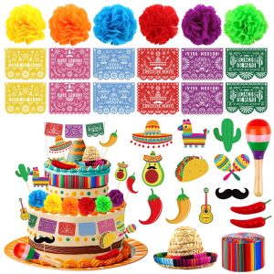Hooqict 33Pcs for Fiesta Cake Decorations Set with Mini Papel Picado Banner, Serape Ribbon, Taco, Flower Mexican Cake Toppers & Cupcake Toppers for Cinco de Mayo Mexican Theme Party Decorations