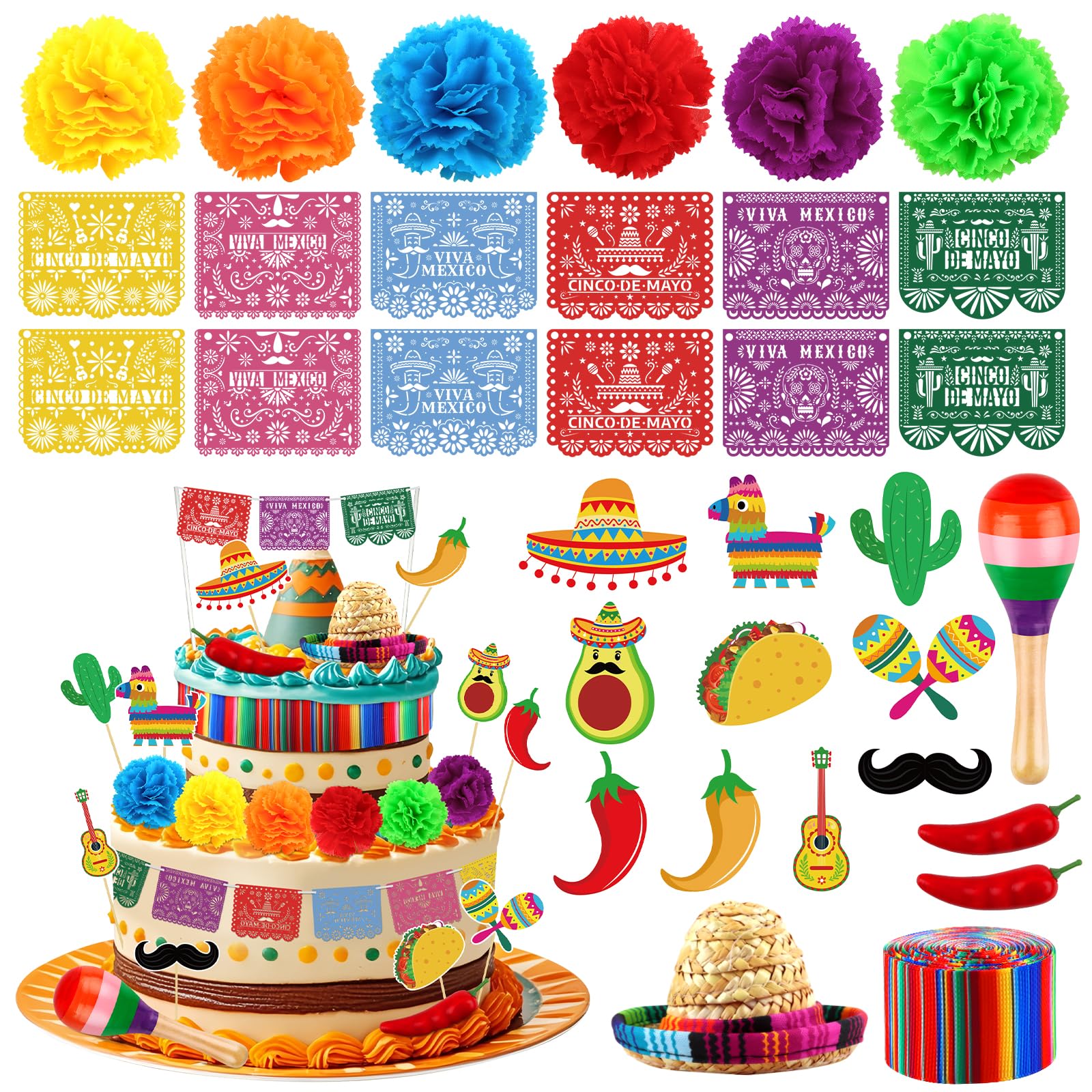 Hooqict 33Pcs for Fiesta Cake Decorations Set with Mini Papel Picado Banner, Serape Ribbon, Taco, Flower Mexican Cake Toppers & Cupcake Toppers for Cinco de Mayo Mexican Theme Party Decorations