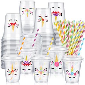 Boao 36 Sets Unicorn Party Cups with Lids and Paper Straws