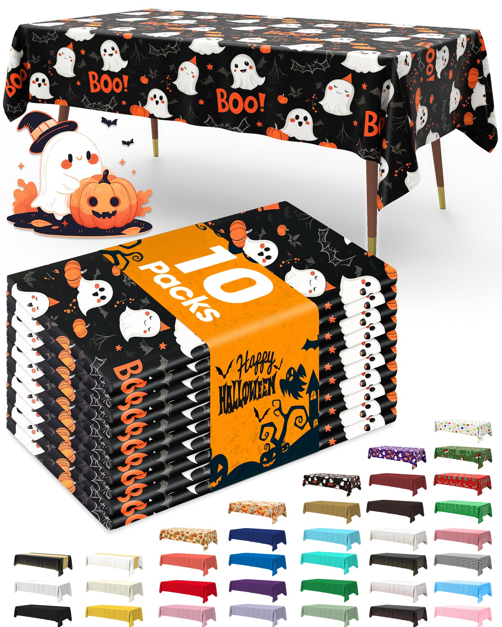 Pureegg Halloween Black Plastic Table Cloth Disposable, 10 Pack, Ghost