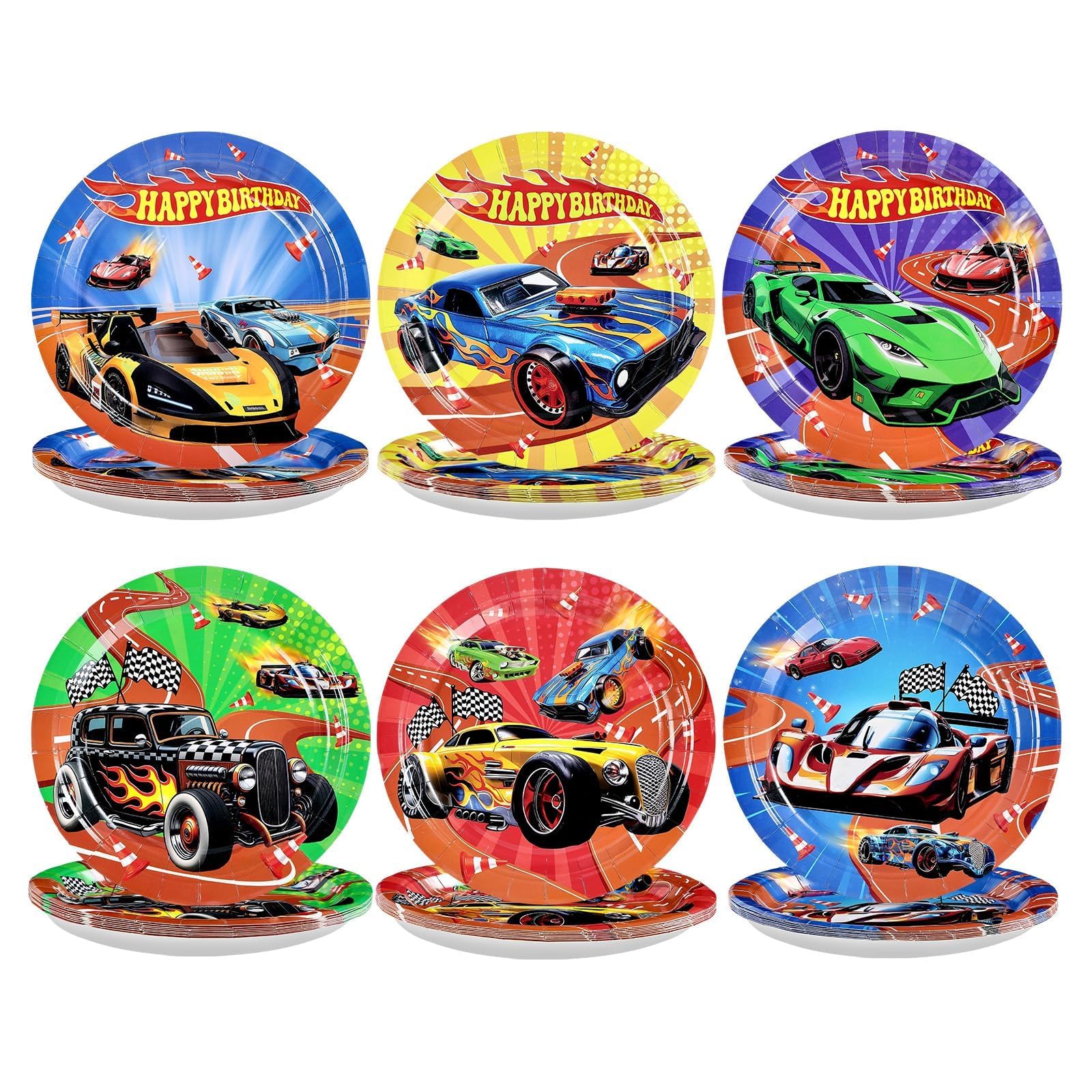 Grencian 60Pcs Hot Car Birthday Party Paper Plates 9" Heavy Duty Disposable Racing Car Dessert Platters Plates Hot Cars Decorations for Boys Kids Birthday Race Sports Game Themed Party Decoration