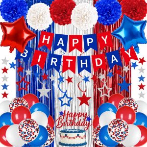 58PCS Red White and Blue Birthday Decorations, Red and Blue Birthday Decorations Include Banner Balloons Hanging Swirls Fringe Curtain, USA Patriotic HBD Decorations for 4th of July Independence Day