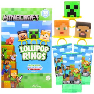 Minecraft Lollipop Rings, Video Game Suckers, Assorted Flavors, 18 Count