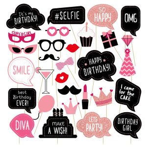 Birthday Photo Booth Props Kit - Happy Birthday Party Favors Supplies Bday Party Decoration Set with Real Glitter Cute Bday Designs for Women - Easy to Assemble 30 Pieces (Rose Gold)