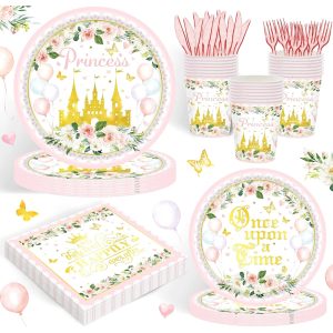 120PCS Princess Party Supplies for Girls Kids Baby Shower 1st Birthday Fairytale Castle Themed Party Decorations Once Upon A Time Tableware Set Plates Napkins Cups Set for 20 Guests