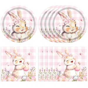40PCS Easter Sets,7" Paper Dessert Plates and 6.5" Napkins for Egg Cellent EasterCute Pink Bunny Decorations Tableware,Spring Holiday,Dinner Party,Wedding,Baby Shower,Birthday Party Decoration