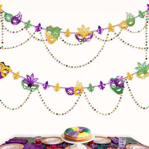 Cheerland Green Purple Gold Mardi Gras Mask Banner Paper Bead Garland Set for Mardi Gras Theme Party Decorations Triangle Flag Bunting for Fat Tuesday Party Supplies Carnival New Orleans Party Decor
