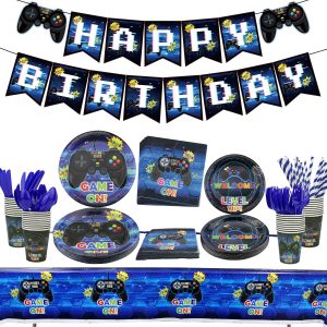 Video Game Party Supplies - Game Birthday Decoration Kit for Boys, Including HAPPY BIRTHDAY Banner, Plates, Cups, Napkins, Tableware, Tablecloths, for Kid Birthday Decoration - Serves 20