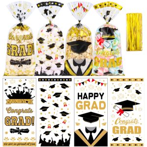 ZYLOP 50 Pcs Graduation Cellophane Treat Bags - 5" x 11" Congrats Grad Plastic Goodie Bags with 60 Gold Twist Ties for Cookies, Snacks, Party Favors & Gift Packaging, Thick Plastic Candy Bag for Kids