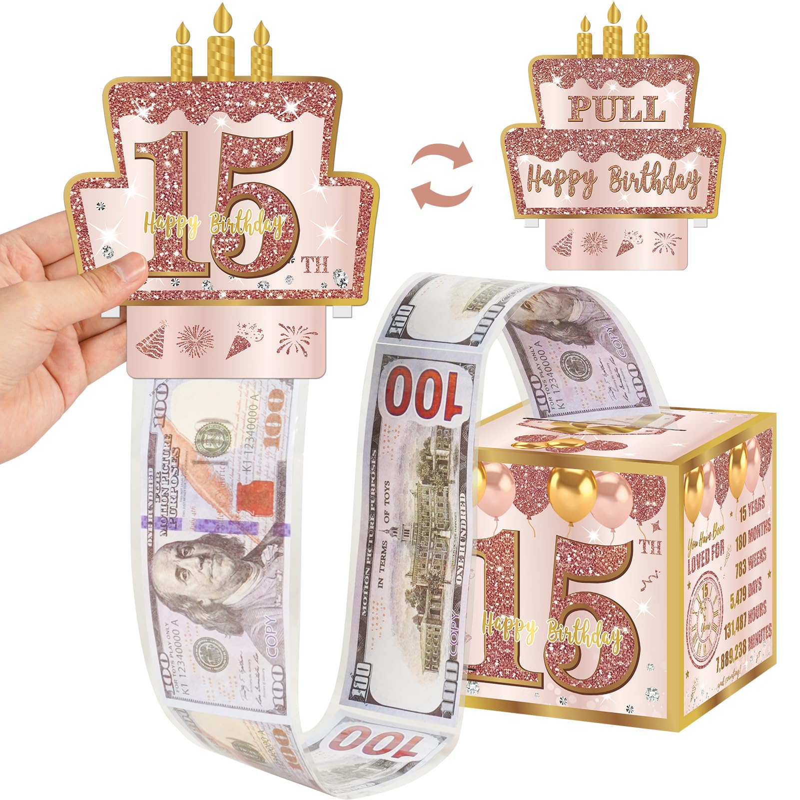 Turypaty Happy 15th Birthday Pull-Out Money Gift Box, 15th Party Cash Gift