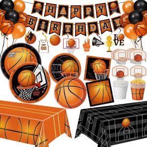 155 PCS Basketball Party Decorations - Basketball Party Supplies - Plates, Napkins, Cups, Basket Card, Banner, Hanging Swirls, Balloons, Tablecloth for Basketball Birthday Party Decorations, Serve 24
