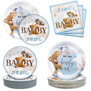 180PCS We Can Bearly Wait Baby Shower Decorations – Blue Bear Paper Plates and Napkins Set, Disposable Party Tableware Supplies for Baby Shower Birthday Party