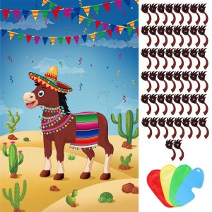 Hxezoc Pin The Tail On The Donkey Party Game with 50 Pcs Tails Large Mexican Donkey Games Poster for Kids Birthday Party Carnival Fiesta Party Supplies