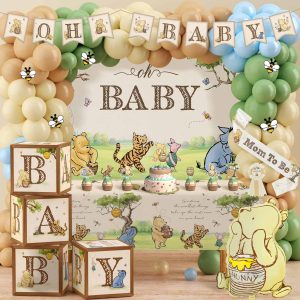 Classic Winnie Bear Baby Shower Decorations, Neutral All-In-One Pooh Baby Shower Balloon Arch Baby Boxes Backdrop Banner Tablecloth Cake Cupcake Topper Bee Stickers Mom To Be Sash Kit for Boys Girls