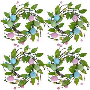 Winlyn 4 Pcs Easter Egg Candle Rings Wreaths Spring Artificial Foliage Berry and Egg Wreath Pastel Easter Eggs Candle Holder Rings 11" for Easter Holiday Springtime Decor Front Door Table Centerpiece