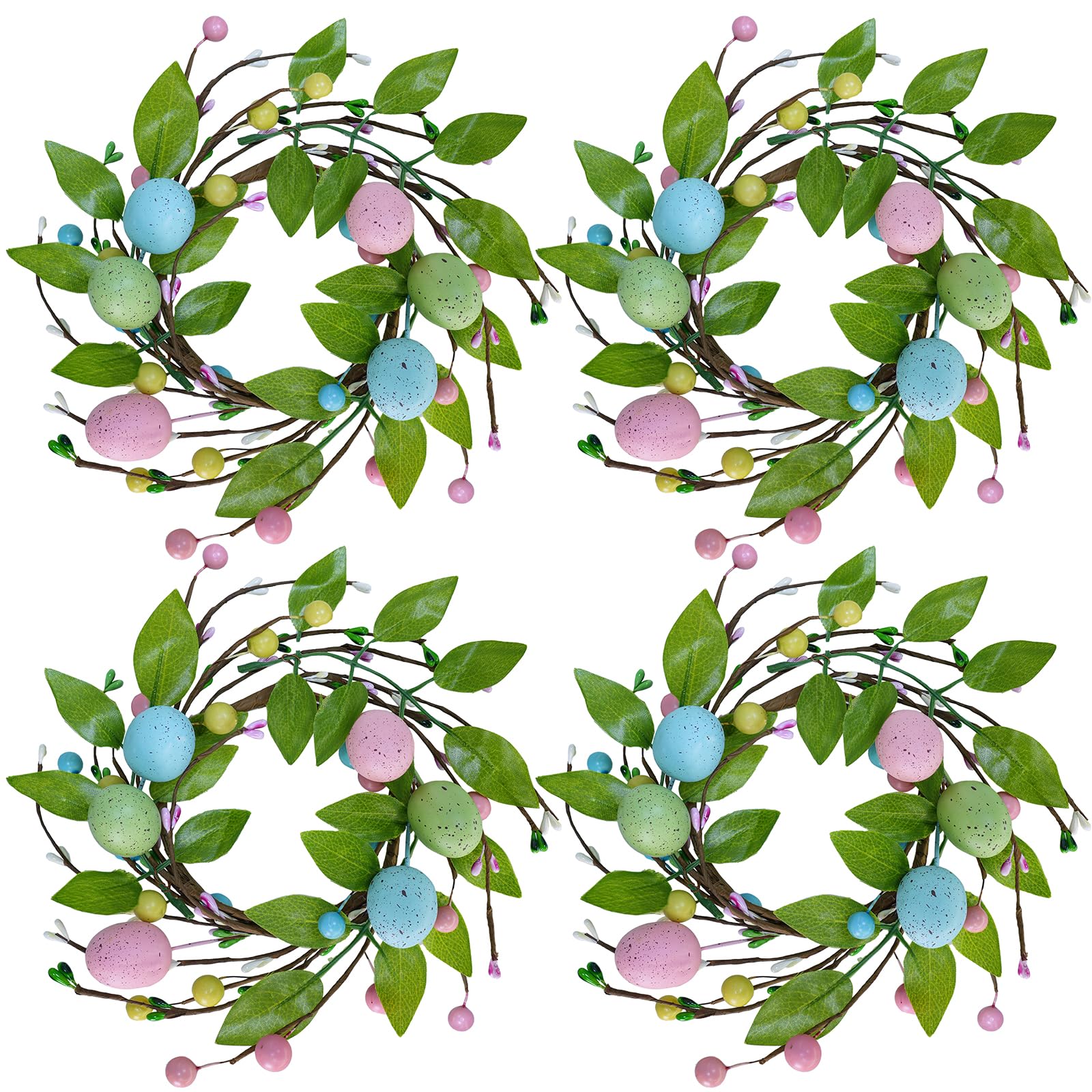 Winlyn 4 Pcs Easter Egg Candle Rings Wreaths Spring Artificial Foliage Berry and Egg Wreath Pastel Easter Eggs Candle Holder Rings 11" for Easter Holiday Springtime Decor Front Door Table Centerpiece