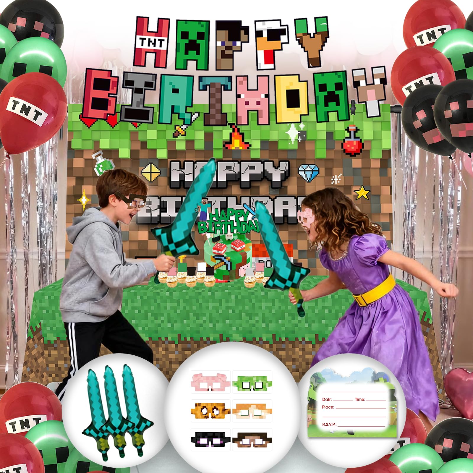 73Pcs Pixel Birthday Party Decorations for Boys, Pixel party supplies Kit, Gaming-Themed Birthday supplies Set including Banner, Tablecloth, Sword Foil Balloons, Cupcake Toppers.