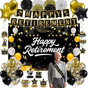 Toosci Retirement Party Decorations for Women Men, Black Gold Happy Banner