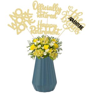 Ephlyn 16Pcs Happy Retirement Centerpiece Sticks Officially Retired Table Flower Centerpieces Sticks No Work Zone Floral Decorations for Farewell Birthday Party Centerpieces Supplies Gold